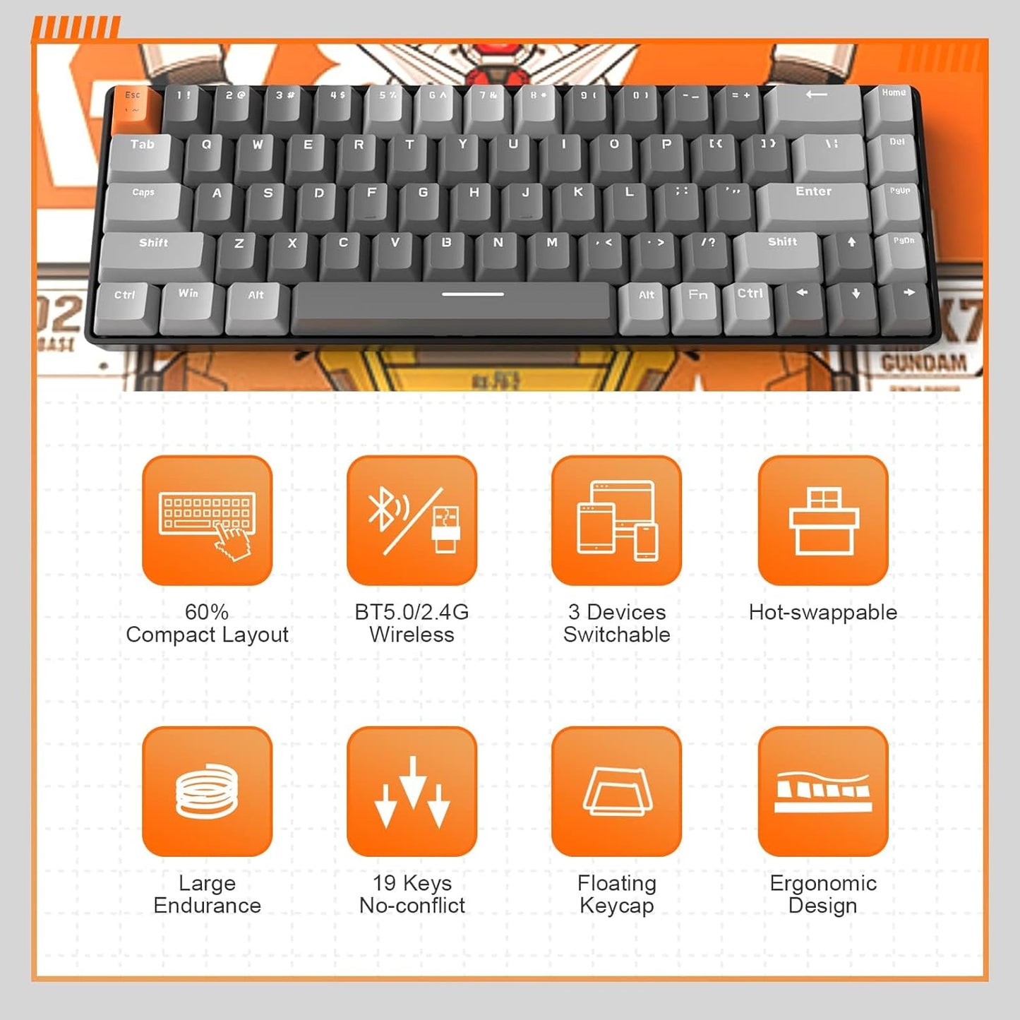 XVersion K68 Wireless Mechanical Keyboard, Bluetooth 5.0/2.4G 68-Key Hot Swappable Professional Keyboard with Keycap Puller, Blue Switch for Mac Windows - Milkshake Brown