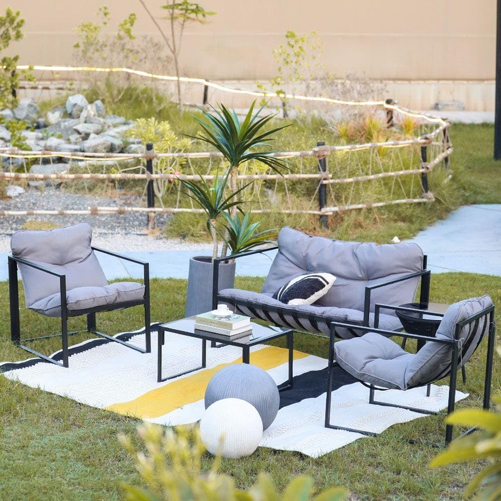 Danube Home Terry 4-Seater Outdoor Sofa Set | Steel Frame Garden Furniture I Modern Design Lounge Sofa Sets | 4 Pieces Outdoor Seating Table And Chairs Set For Patio Balcony Lawn Yard - Grey