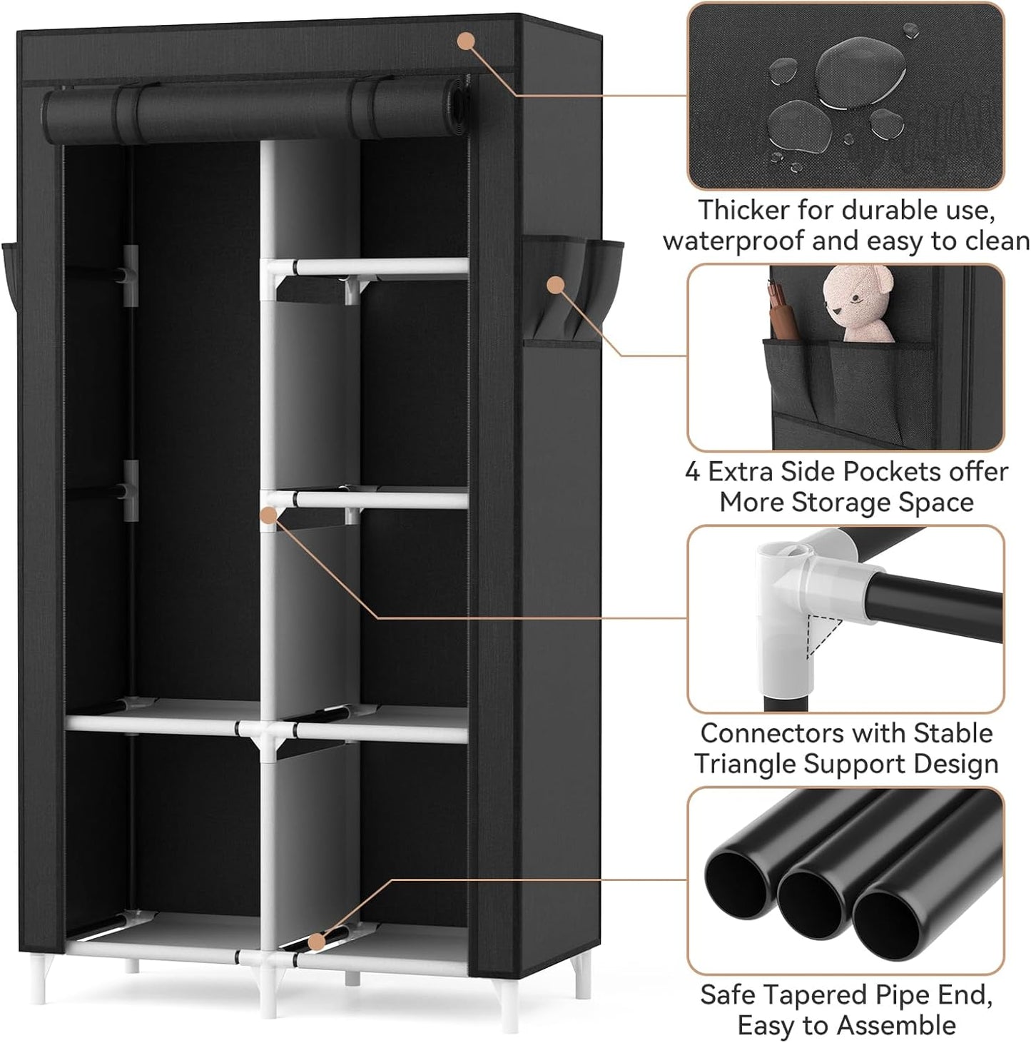 ROJASOP Portable Closet Wardrobe Closet for Hanging Clothes with 6 Storage Shelves, 1 Hanging Rod and 4 Pockets, Free Standing Closet Clothes Organizer for Bedroom, Sturdy and Easy Assemble