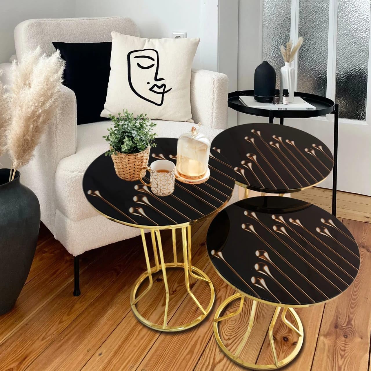 LHFHOMT- Round Coffee table set Nesting Coffee Table Set of 3 Pieces, Wooden Top, Gold Metal legs End Table Desk for Living Room, Balcony, Office, Sofa Side (White - Black Lines)