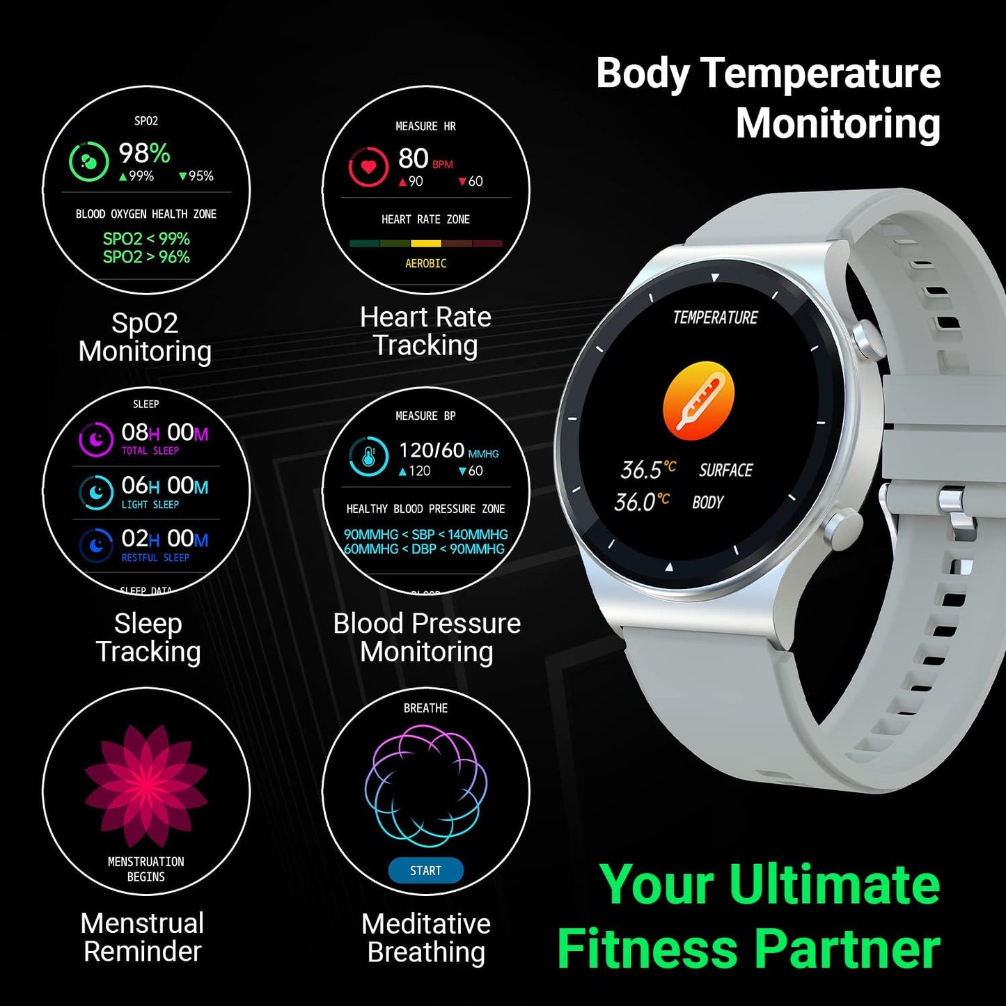 Fire-Boltt 360 Pro Bluetooth Calling 360*360 Pro Display Smart Watch With Rolling Ui & Dual Button Technology, Spo2, Heart Rate & Temperature Monitoring With Local Music And Tws Pairing - Black