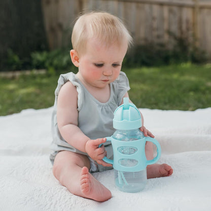 Dr. Brown’s® Milestones™ Narrow Sippy Straw Bottle with 100% Silicone Handles, 8oz/250mL, Gray & Blue, 2 Pack, 6m+