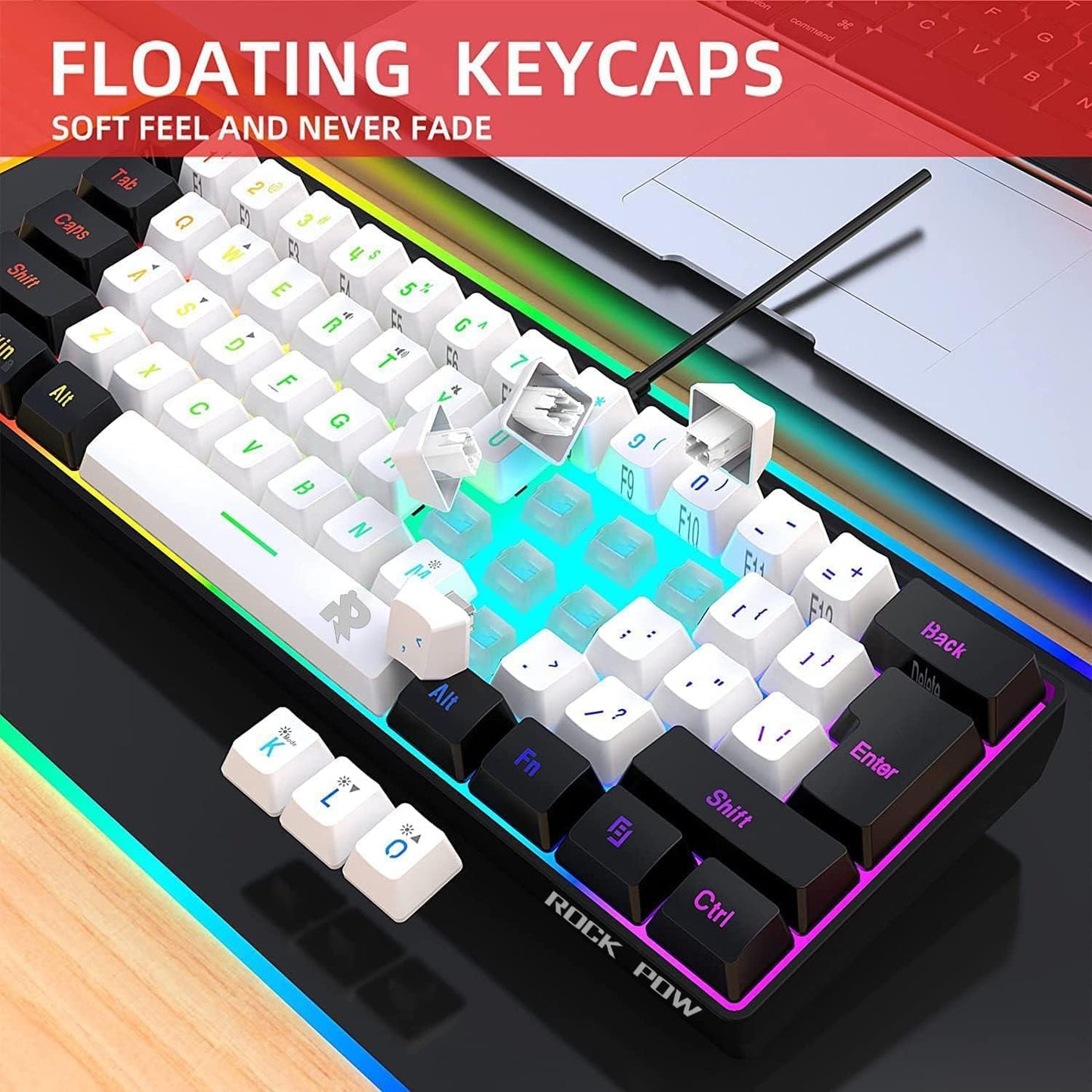 ROCK POW 60% Wired Gaming Keyboard, Small RGB Backlit Membrane Gaming Keyboard, Ultra-Compact Mini Waterproof Keyboard for PC Computer Gamer White and Black