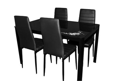 Zena Metal and Glass Dining Table Set, with 4 Chairs, Black 130 cm x 80 cm x 74 cm