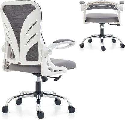 HOLLUDLE Ergonomic Office Chair with Foldable Backrest, Computer Desk Chair with Flip-up Armrests, Mesh Lumbar Support and Tilt Function Big and Tall Office Chair, White