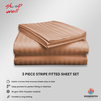 Sleep Well Microfiber Stripe Fitted Sheet with 2 Pillowcase Set - 150x200+17cm (White)