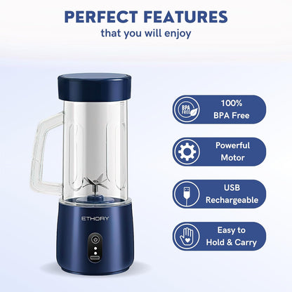 ETHORY Portable Mini Blender, Wireless Juicer Cup Smoothie Maker with 6 Blades, USB Rechargeable Fruit Juice Mixer 90W 380ML, with 1500mAh Rechargeable Battery (Blue)