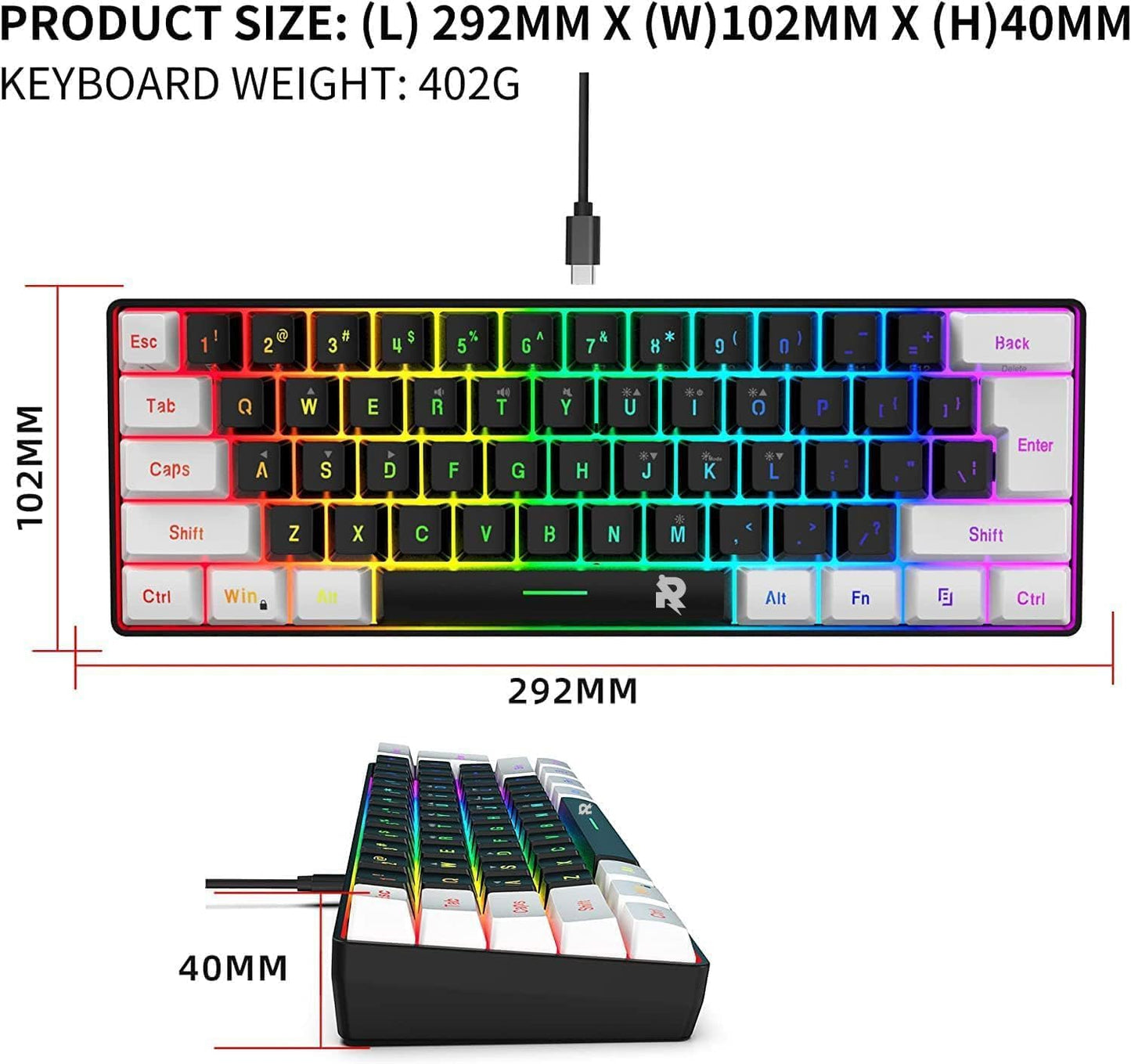 ROCK POW 60% Wired Gaming Keyboard, RGB Backlit Ultra-Compact Mini Keyboard, Waterproof Small Compact 61 Keys Keyboard for PC/Mac Gamer, Typist, Travel, Easy to Carry on Business Trip(Black-White)