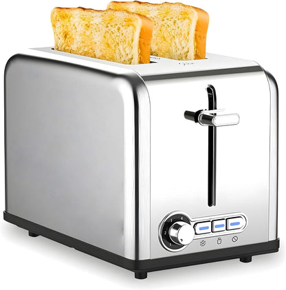 XVersion 2 Slice Toaster Warmer - 800W 6 Setting Electric Stainless Steel Sandwich Breakfast Machine Toast Bread Maker Toasters For Home Office Reheat, Defrost and Cancel, 1 Year Warranty - Silver