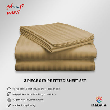 Sleep Well Microfiber Stripe Fitted Sheet with 2 Pillowcase Set - 150x200+17cm (White)