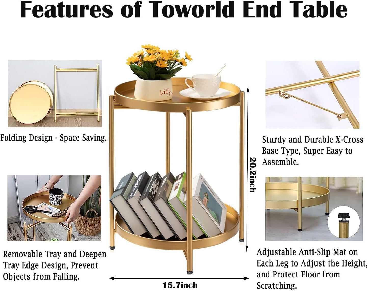 Toworld Gold End Table, 2 Tier Folding Round Metal Side Table Removable Tray, Small Coffee Accent Table for Living Room, Circle Sofa Side Snack Table, Nightstand Bedroom, Great for Indoor & Outdoor