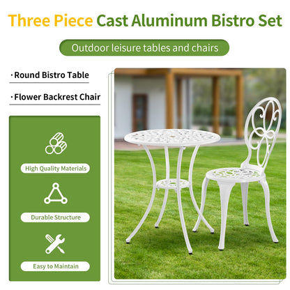 Withniture Bistro Table and Chairs Set of 2, White Metal Patio Bistro Set 3 Piece Outdoor Table Chairs with Umbrella Hole, Cast Aluminum Patio Furniture Set for Garden Porch