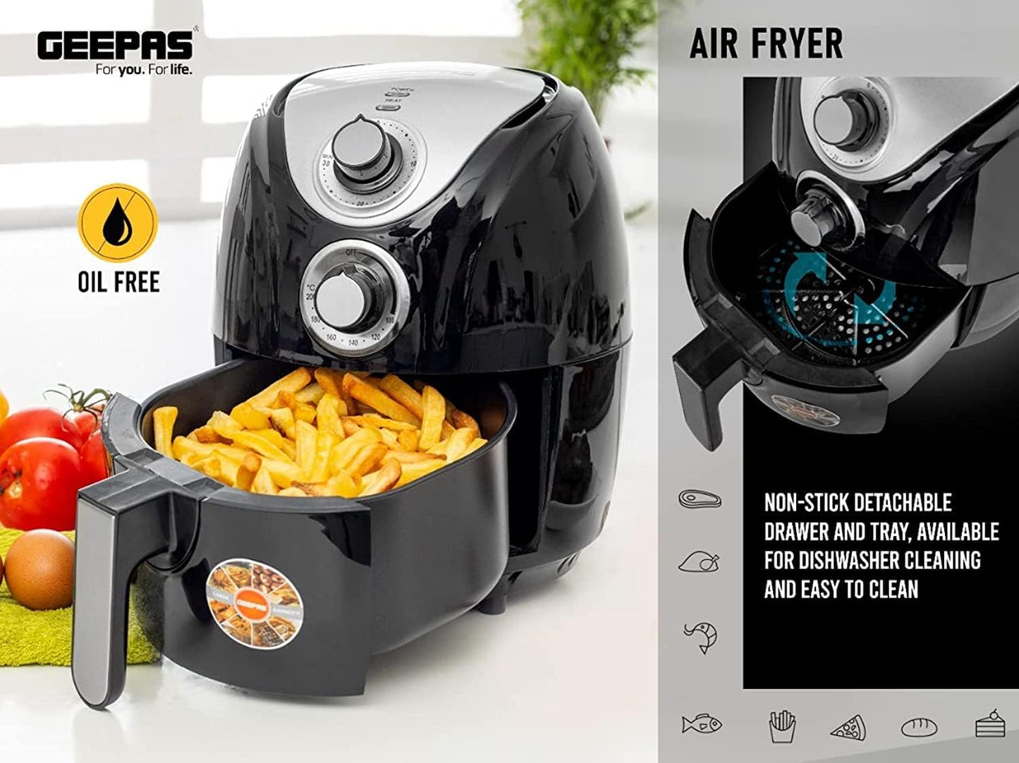 Geepas 2.5L Capacity Air fryer |1300W Air Fryer With Rapid Air Circulation System|Black"Min-1 year manufacturer warranty"-GAF37521