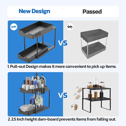 TAPIT Under Sink Organizers and Storage Pull Out Sliding Drawer, 2 Tier Multi-Purpose Kitchen Under The Sink Organizer with 4 Hooks Under Bathroom Sink Shelf Storage Rack for Countertop Laundry -White