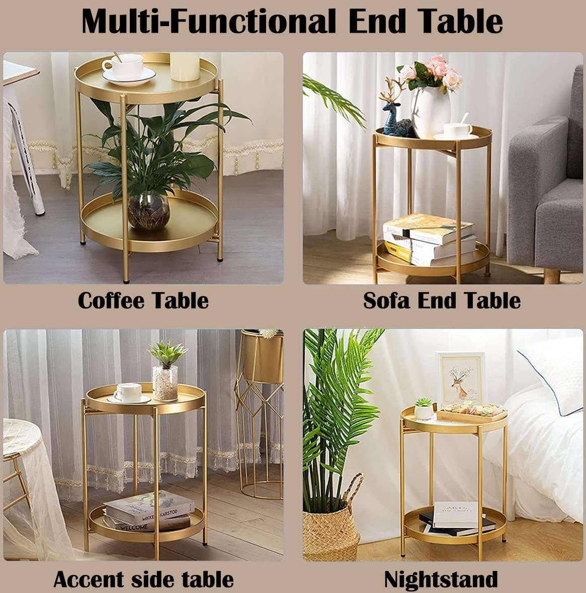 Toworld Gold End Table, 2 Tier Folding Round Metal Side Table Removable Tray, Small Coffee Accent Table for Living Room, Circle Sofa Side Snack Table, Nightstand Bedroom, Great for Indoor & Outdoor