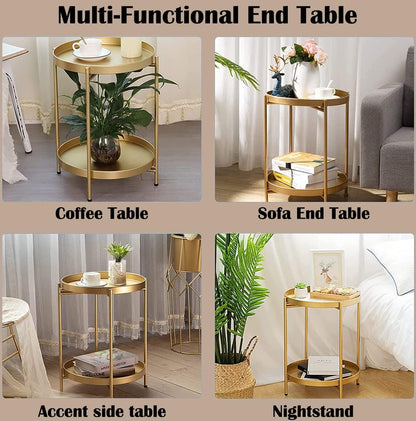 Toworld Gold End Table, 2 Tier Folding Round Metal Side Table Removable Tray, Small Coffee Accent Table for Living Room, Circle Sofa Side Snack Table, Nightstand Bedroom, Great for Indoor & Outdoor