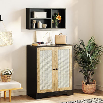 JASIWAY Sideboard - Kitchen Buffet Cabinet with Rattan Decorated Doors, Accent Sideboard Cabinet, Coffee Bar Cabinet Rattan Sideboard for Dining Room, Kitchen, Hallway, Black