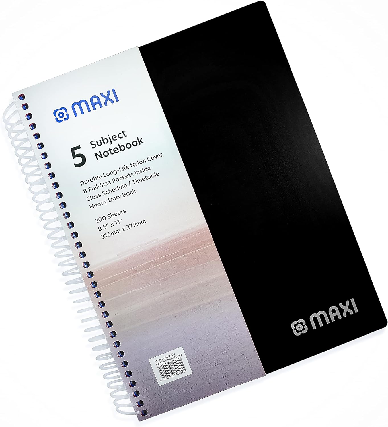 Maxi Spiral Polypropylene 5 Subject Notebook 12.5 cm X 21.6 cm 200 Sheets, Assorted, Ppsub5