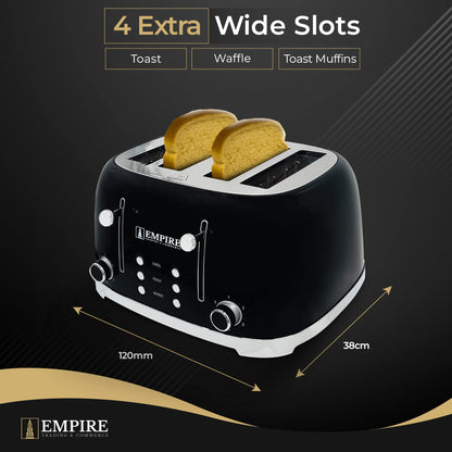 Empire Toaster 4 Slice 1600W, Black Stainless Steel Toaster for Various Bread Types, Dual Control Panels for Reheat, Defrost, Cancel, and Self-Centering Functions, 4 Slice Toaster with Crumb Tray