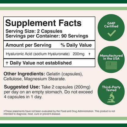 Hyaluronic Acid Supplement -180 Capsules (Enhances Effects of Hyaluronic Acid Serum for Face) 200mg Per Serving for Skin and Face Aging Support by Double Wood Supplements (Acido Hialuronico)