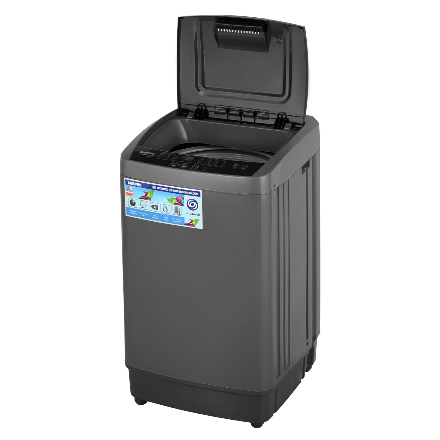 Geepas Fully Automatic Washing Machine- GFWM5800LCQ/ Top Load Equipped with Big Pulsator, Air Dry Function, Digital Display, Automatic Imbalance Control/ 5 kg Capacity, Grey, 1 Year Warranty