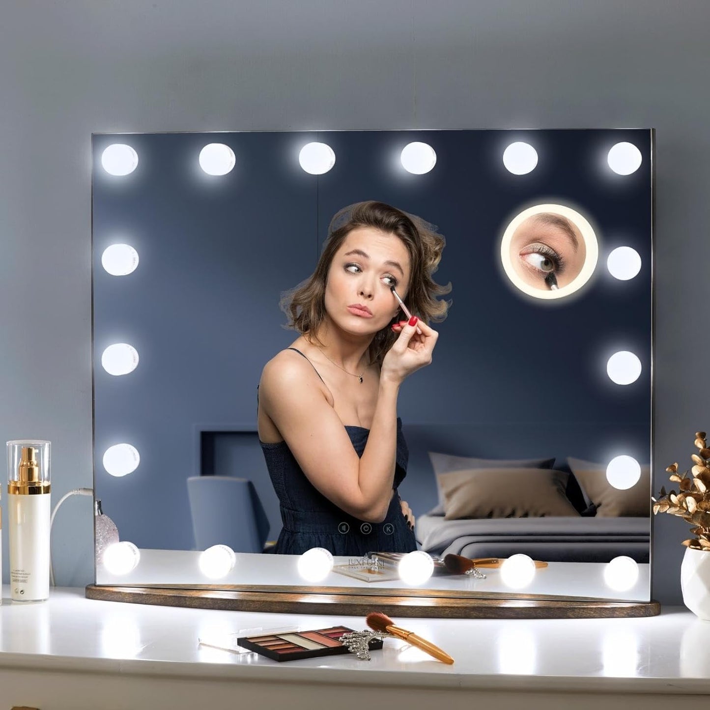 LUXFURNI Vanity Mirror with Makeup Lights, Large Hollywood Light up Mirrors w/ 18 LED Bulbs for Bedroom Tabletop & Wall Mounted (26Wx21L, Black)