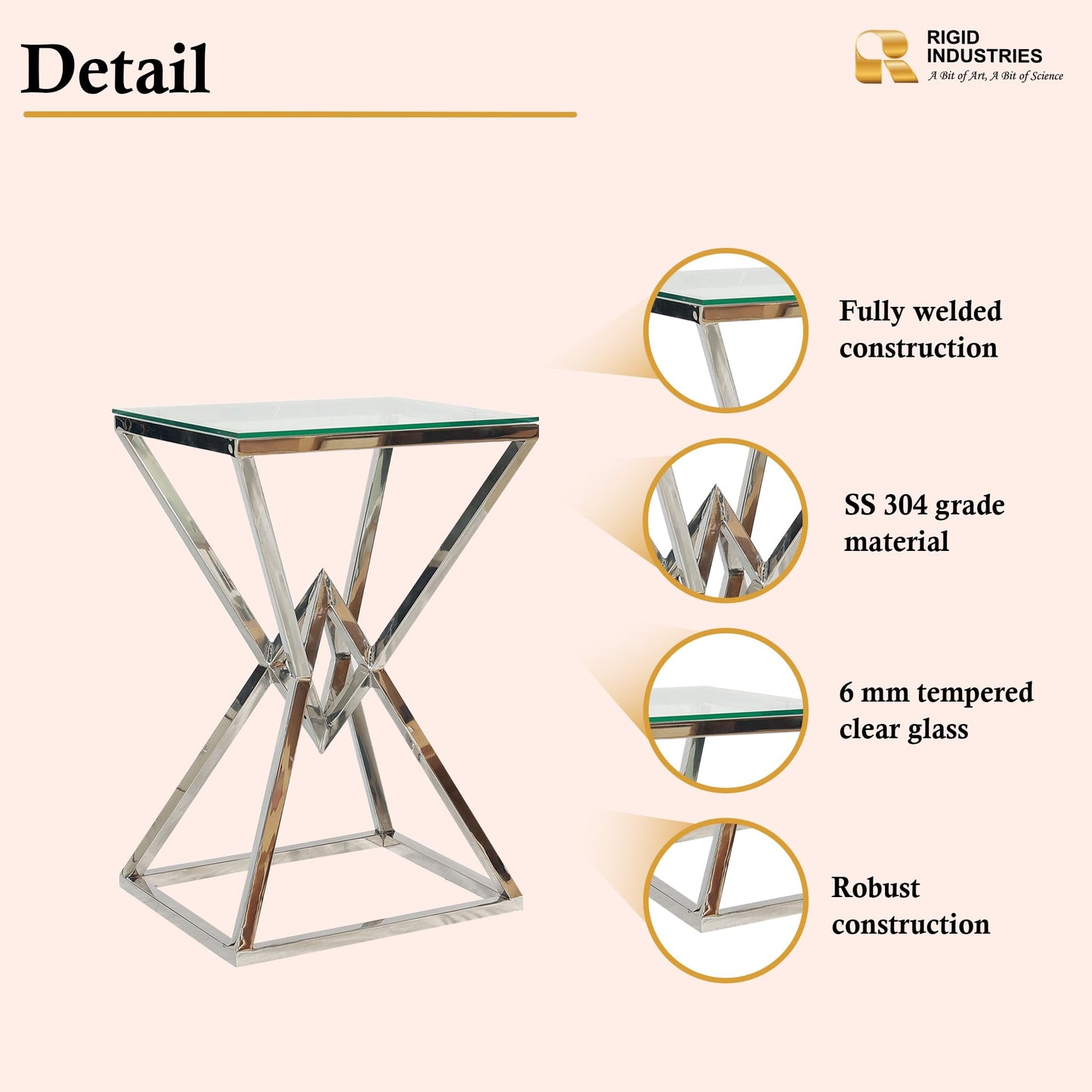 RIGID Console Table | Corner End Table with Stainless Steel Frame and Glass Top for Living Room, Office