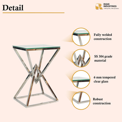 RIGID Console Table | Corner End Table with Stainless Steel Frame and Glass Top for Living Room, Office