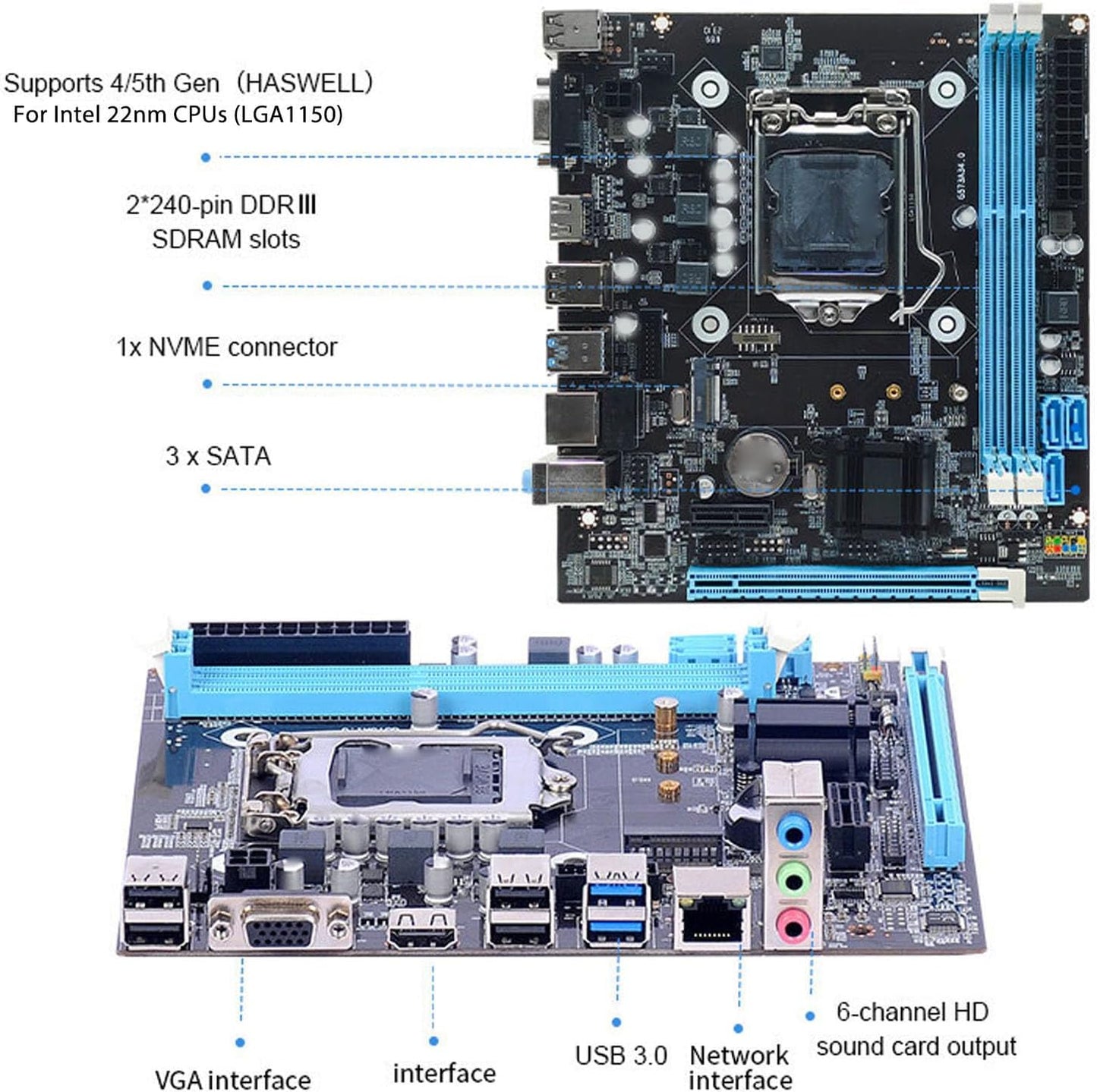 LGA 1150 Motherboard, Dual Channel DDR3 M.2 NVMe NGFF SATA, Mini Itx Motherboard, 6Gb/s PCIe Slot LGA 1150 Micro ATX PC Motherboard for Core