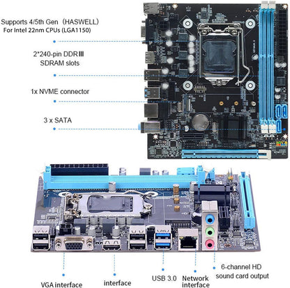 LGA 1150 Motherboard, Dual Channel DDR3 M.2 NVMe NGFF SATA, Mini Itx Motherboard, 6Gb/s PCIe Slot LGA 1150 Micro ATX PC Motherboard for Core