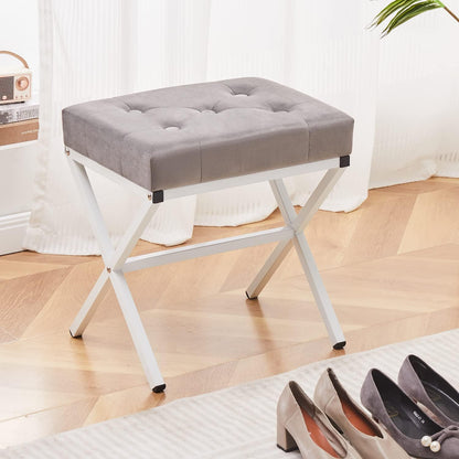 Cpintltr Ottoman Foot Stool Tufted Vanity Stool Ottomans Thickened Cushion Footstool Mulifunctional Shoe Changing Seat Step Stools with Metal X Leg for Living Room Bedroom Faux Leather Black