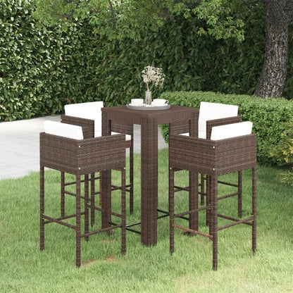 vidaXL Garden Bar Set 5 Piece with Cushions Patio Outdoor Lawn Yard Terrace Balcony Table and Chair Seat Seating Furniture Poly Rattan Brown