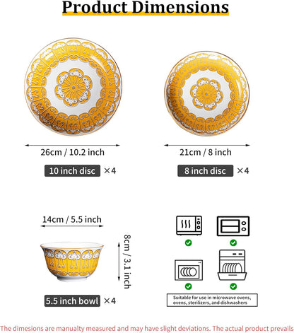 TechPlus 12-Piece Gold Pattern Ceramic Dinnerware Set - Includes 4x 10.2-Inch Plates, 4x 8-Inch Plates, 4x 5.5-Inch Bowls | Microwave & Dishwasher Safe | Stylish Tableware Set for Elegant Dining