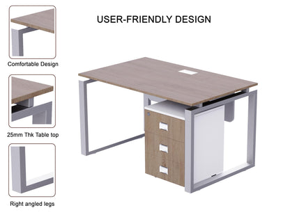 Mahmayi Carre Modern Workstation- Office Furniture with Steel Square Metal Legs, Silver Modesty Panel, Wood 3 Drawer Mobile Storage Unit, Tempered Glass Top for Office Executives, Home (140CM, White)