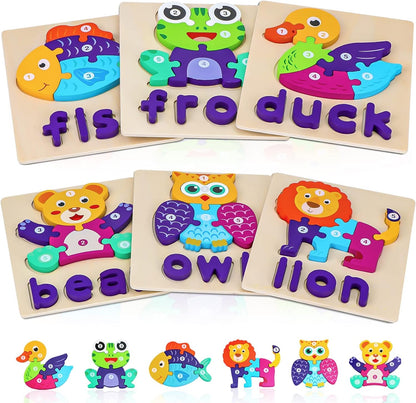 6 Pack Wooden Puzzles for Toddlers, Toddler Puzzles with Animal Shapes Alphabet Spelling Puzzles Preschool Educational Toys Animal Shape Puzzles Educational Early Learning Activities for 1-3 Kids