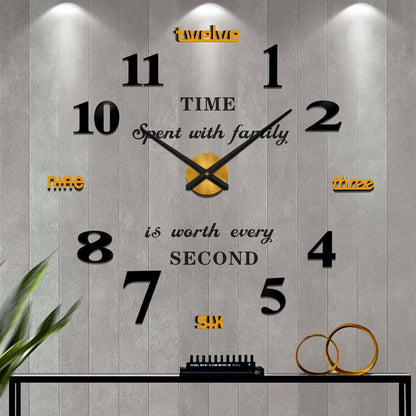 Vangold Mute DIY Frameless Large Wall Clock 3D Mirror Sticker Metal Watches for Home Office Decorations (Black Gold)