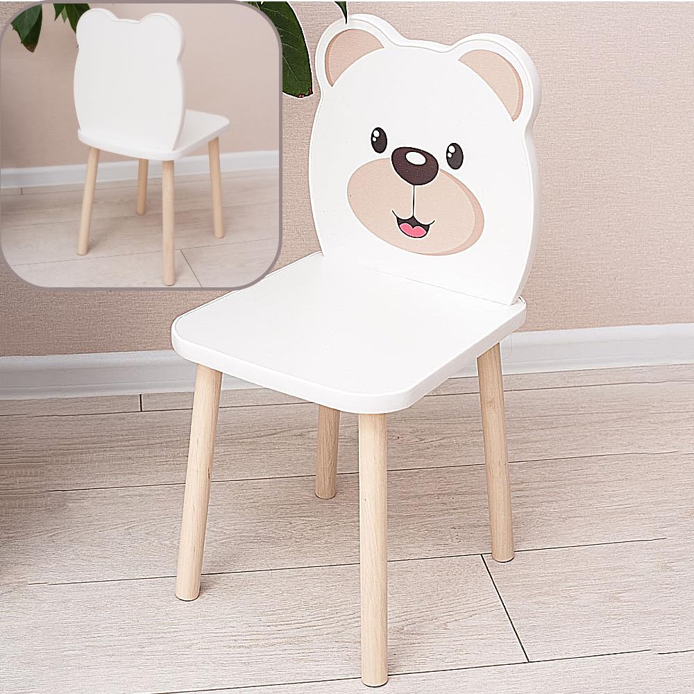 3-Piece Kids Wooden Table and Chair Set – White Play Table with 2 Chairs for Toddlers and Children – Ideal Study Table and Chair Set for Boys and Girls, Nursery Furniture (3, cat+bear)