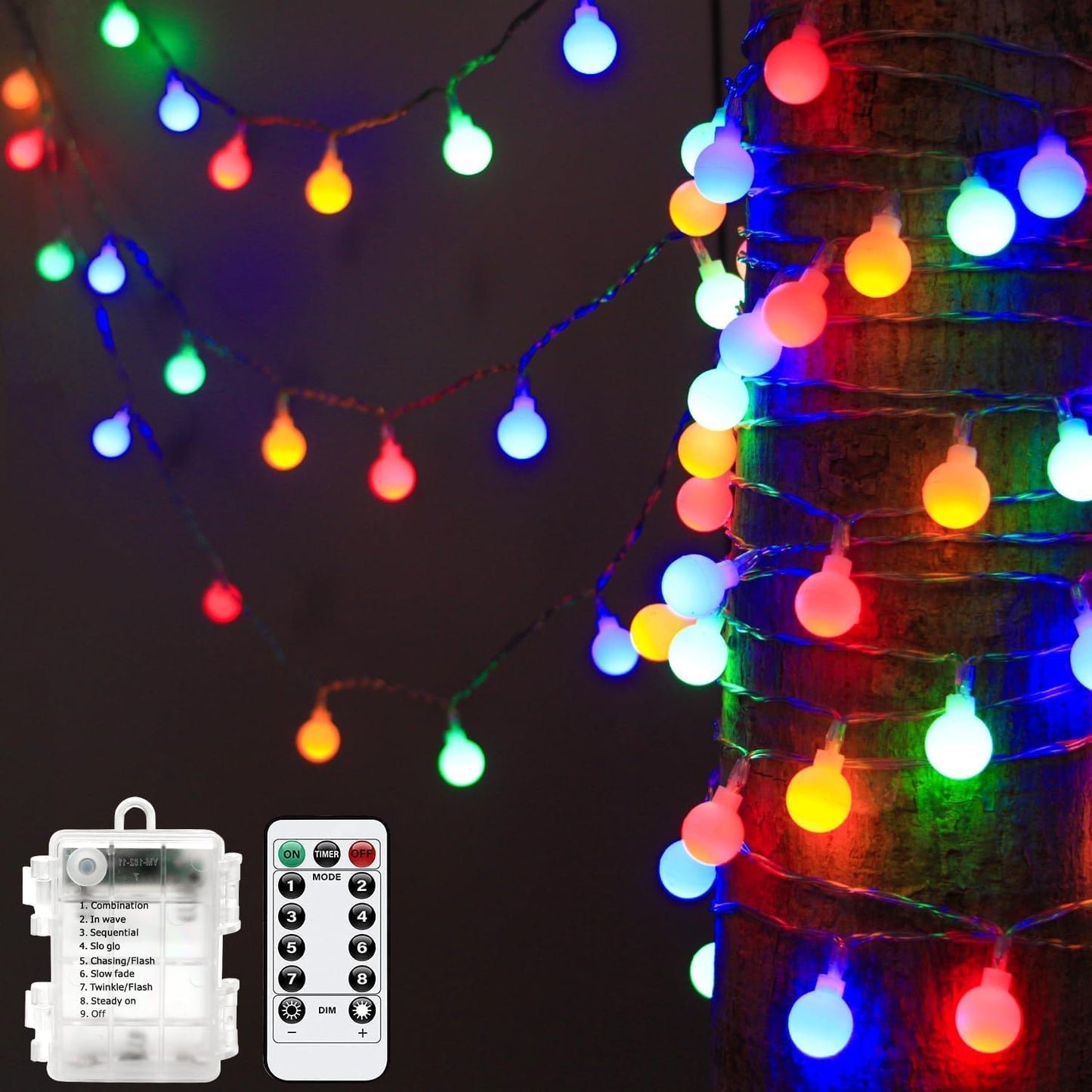 Globe String Lights, Battery Powered 10M 80 LED Fairy Lights, 8 Modes Waterproof Christmas Lights Outdoor Indoor with Remote for Party Living Room Bedroom Patio Gazebo Camping Garden (Multicolor)