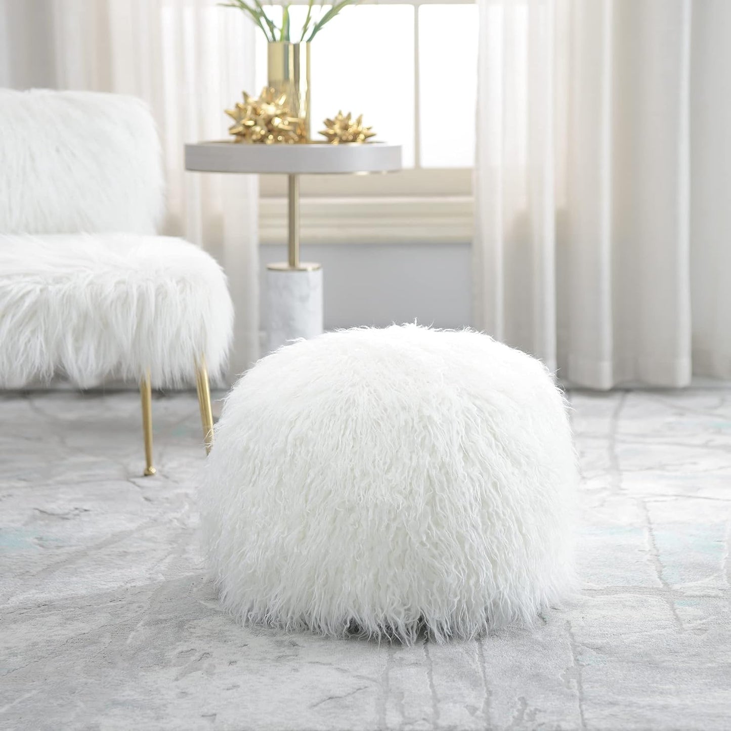 Comfortland Faux Fur Ottoman Stool (Empty & New), Fuzzy Pouf Cover, Fluffy Poof Ottomans, Furry Unstuffed Foot Rest with Storage for Living Room, Bedroom, or Gifts White