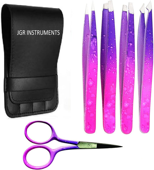 JGR Eyebrows Grooming Kit 5Pcs Tweezers Set Curved Stainless Steel Nail Scissors Spoolie Eyebrow Scissor Nose Shears Kit for Men and Women (Multi Color))