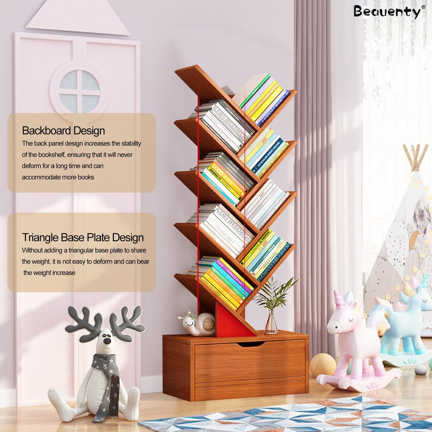 Beauenty Desktop Tree Bookshelf Display Storage Shelf 10 Tier, Wood Storage Rack Tree Bookcase With Drawer For Home School Book Magazine Office Study Table Bedroom (Style 2)