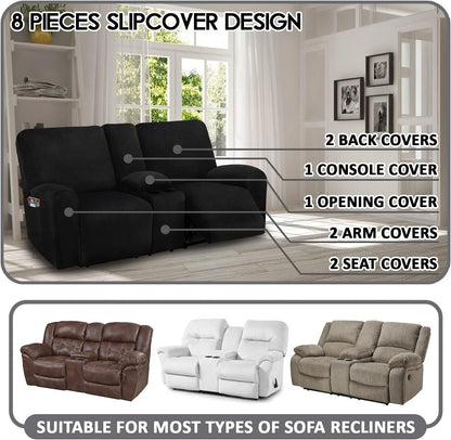 ULTICOR Reclining Loveseat with Middle Console Slipcover, 8-Piece Velvet Stretch Loveseat Reclining Sofa Covers, 2 seat Loveseat Recliner Cover, Thick, Soft, Washable, Loveseat Slipcovers (Dark Grey)