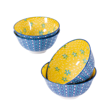 Techplus Set of 4 Blue Geometric Ceramic Bowls – 6.25 Inch Yellow Interior – Microwave, Dishwasher, Oven Safe – Ideal for Salads, Pasta, Soup – Modern Kitchen Gift