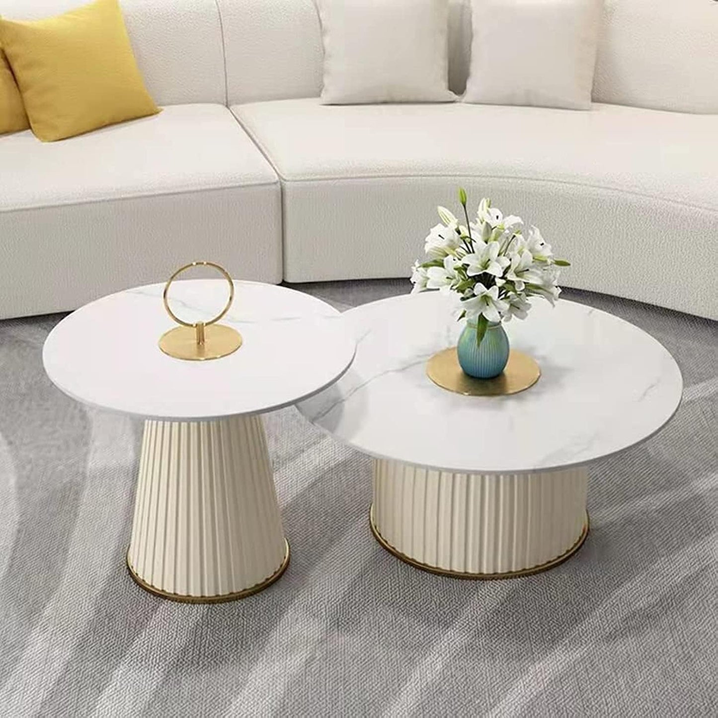 Maple Home Decoration Coffee Table Sofa Side Table Modern Nesting Golden Frame Circular and Marble Pattern Living Room Apartment Furniture Set of Φ80CM+Φ60CM