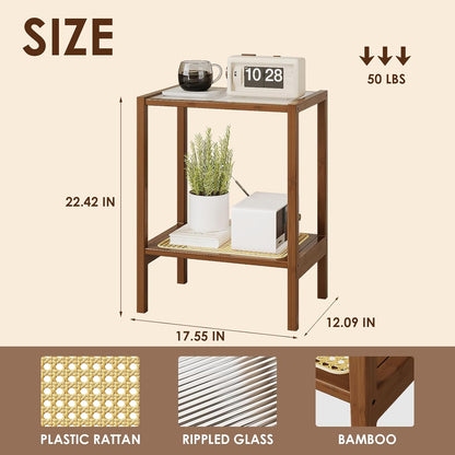 Bamworld Rattan Side Table Boho NightStand Mid Century Modern End Table Glass Bedside Table Small End Tables Bamboo Coffee Table with Storage for Living Room Bedroom, Bamboo Brown (A1)