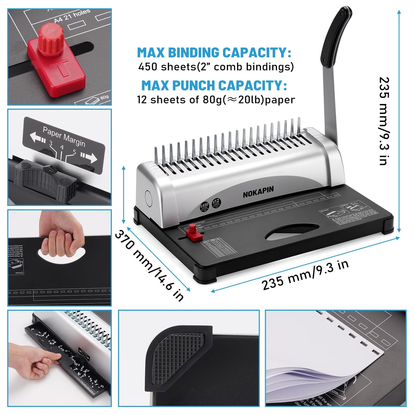 Binding Machine,Book Binder Machine 21-Holes, 450 Sheets,Comb Binding Machine with Starter Kit 100 PCS 3/8'' Comb Binding Spines,Spiral Binding Machine for Letter Size, A4, A5 or Smaller Sizes