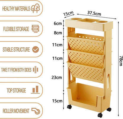 U-HOOME 5 Tiers Movable Bookshelf Cart with Wheels, Removable Unique Bookcase, Utility Organizer Book Rack with Wheels for Kids Children Students Study in Bedroom Living Room Home School (White 1)