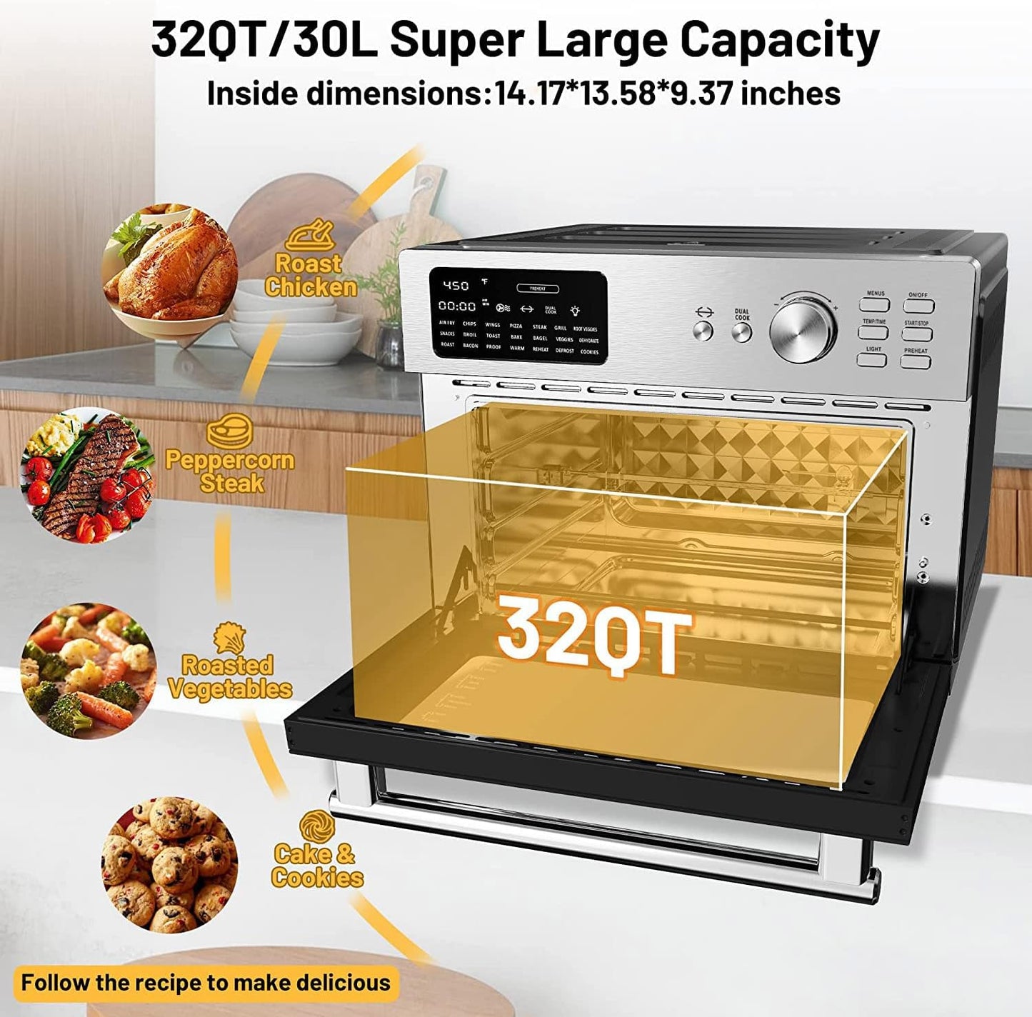 Dxmocos 30L Air Fryer Toaster Oven,Stainless Steel Air Fryer Rotisserie Combo,21 in 1 Countertop Ovens, Innovative 360° Air Frying Technology,Large Air Fryers Oven