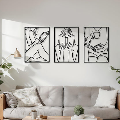 CHENGU 3 Pieces Metal Minimalist Abstract Woman Wall Art Line Drawing Wall Art Decor Single Line Female Home Hanging Wall Art Decor for Kitchen Bathroom Living Room (Black, Hand)