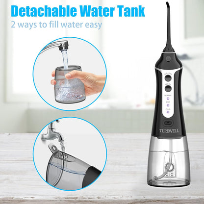 Water Flosser Cordless Dental Oral Irrigator - TUREWELL 300ML Portable and Rechargeable IPX7 Waterproof Teeth Cleaner, 2 Minutes Auto Shut-Off for Travel & Family Use